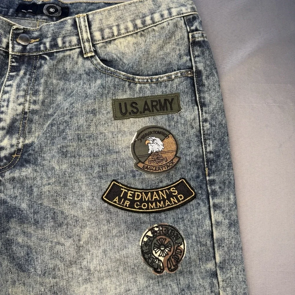 Finest‎ Thread Luxury Goods Mens Acid Wash Jean Shorts Size 40 Army Patches